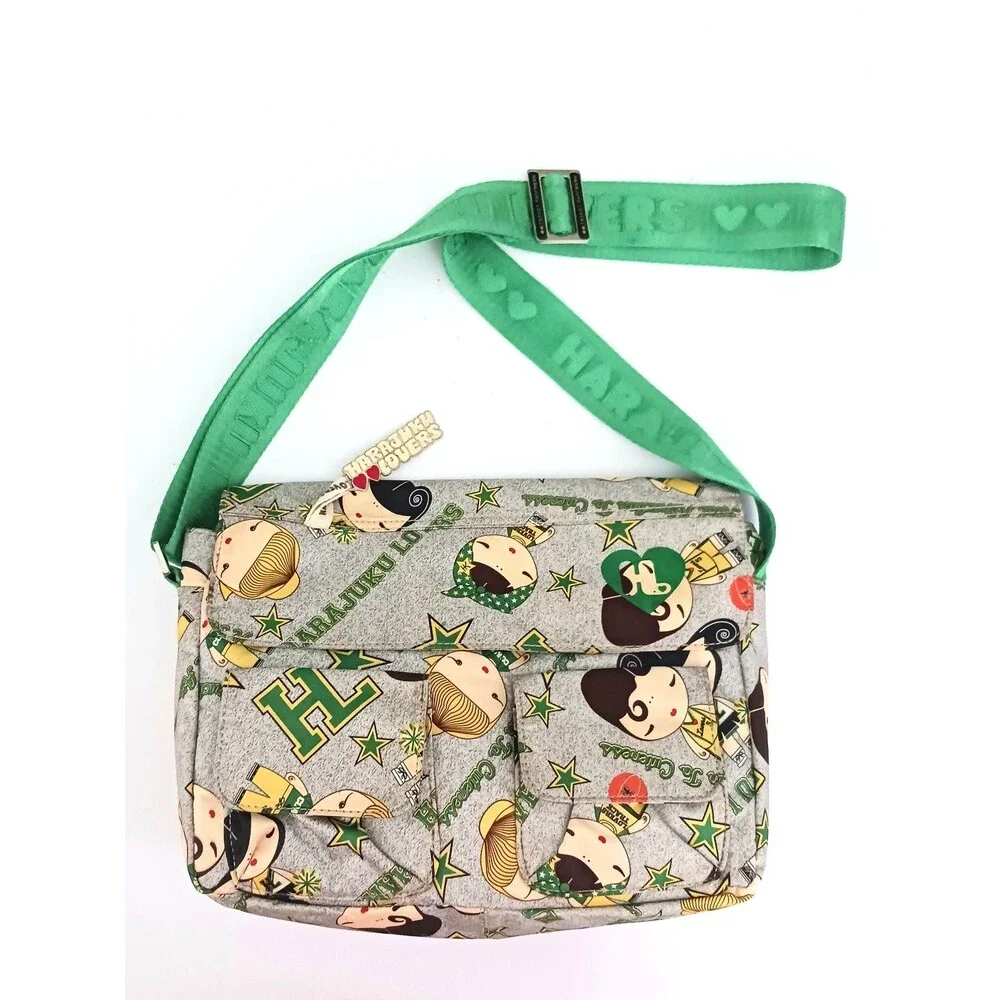 Harajuku Lovers Nylon Messenger Bag Gray / Green AOP Bag Charm 11X4X8